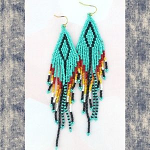 Turquoise rainbow Aztec Native Insp seed bead fringe earrings boho